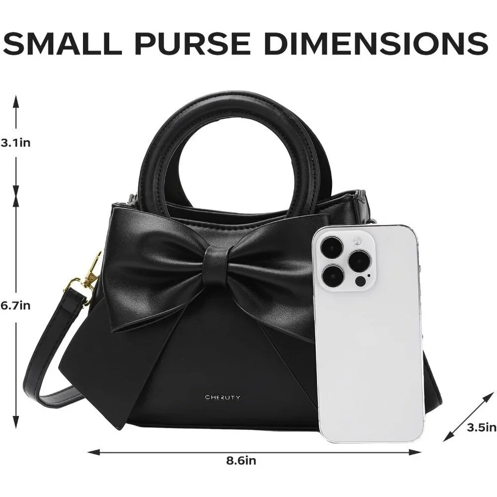 Vegan Leather Crossbody Bag Small Womens Purse with Bow Rope Adjustable